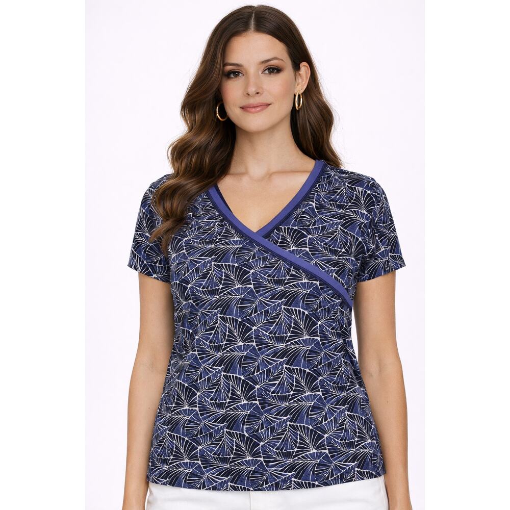 Garnet Hill Womens Organic Cotton V Neck Tropical T Shirt Navy Size Medium NWT